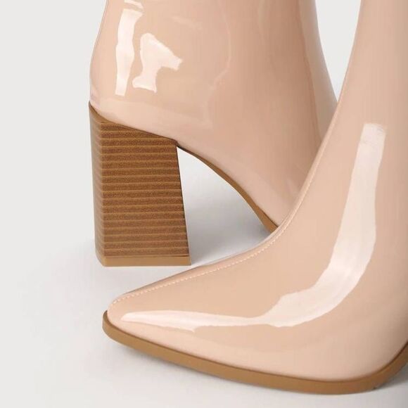 Lulus Dawnn Light Nude Patent Pointed Toe Block Heel Ankle Booties Size 7.5 - Picture 3 of 6